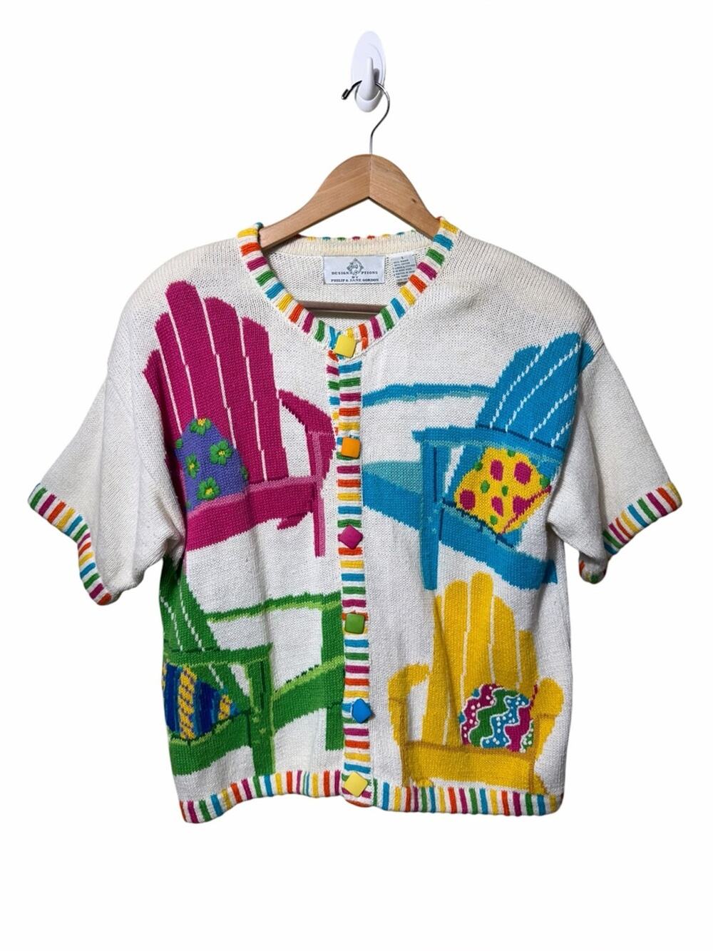 Vintage Colorful Chair Knit Cardigan Coastal Cottagecore Artsy Retro Large